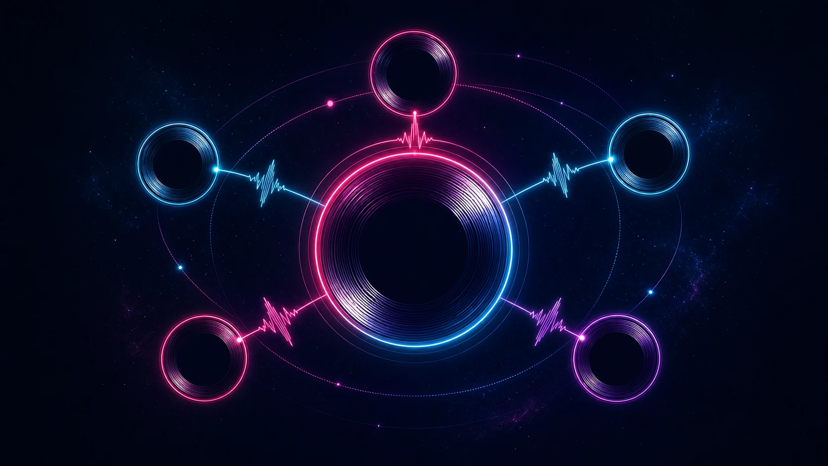 Original ErasureFan illustration of six connected luminous vinyl records