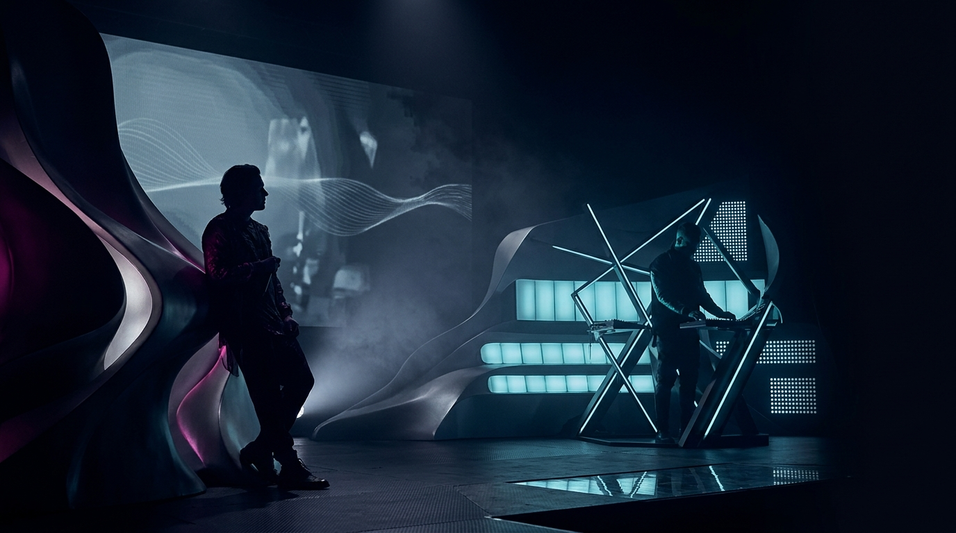 Editorial Erasure overview image showing the duo in a synth-pop performance setting